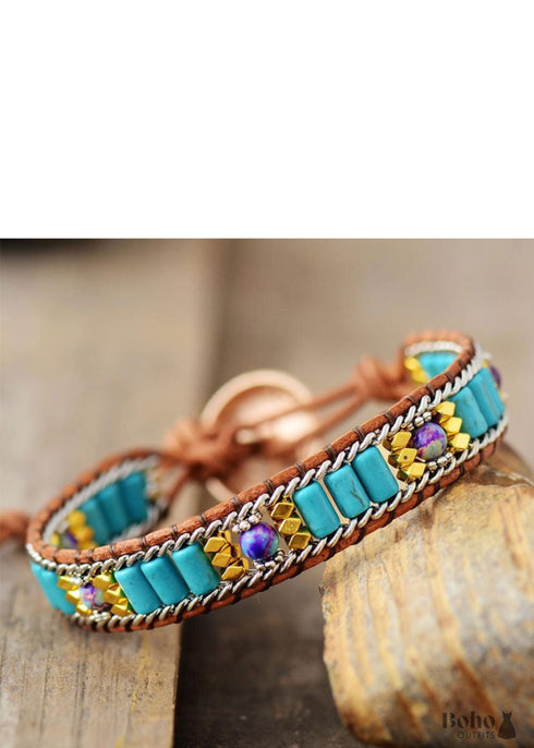 Boho Bracelet, Leather Wrap Bracelet, Weave Bracelet, Turquoises Chain